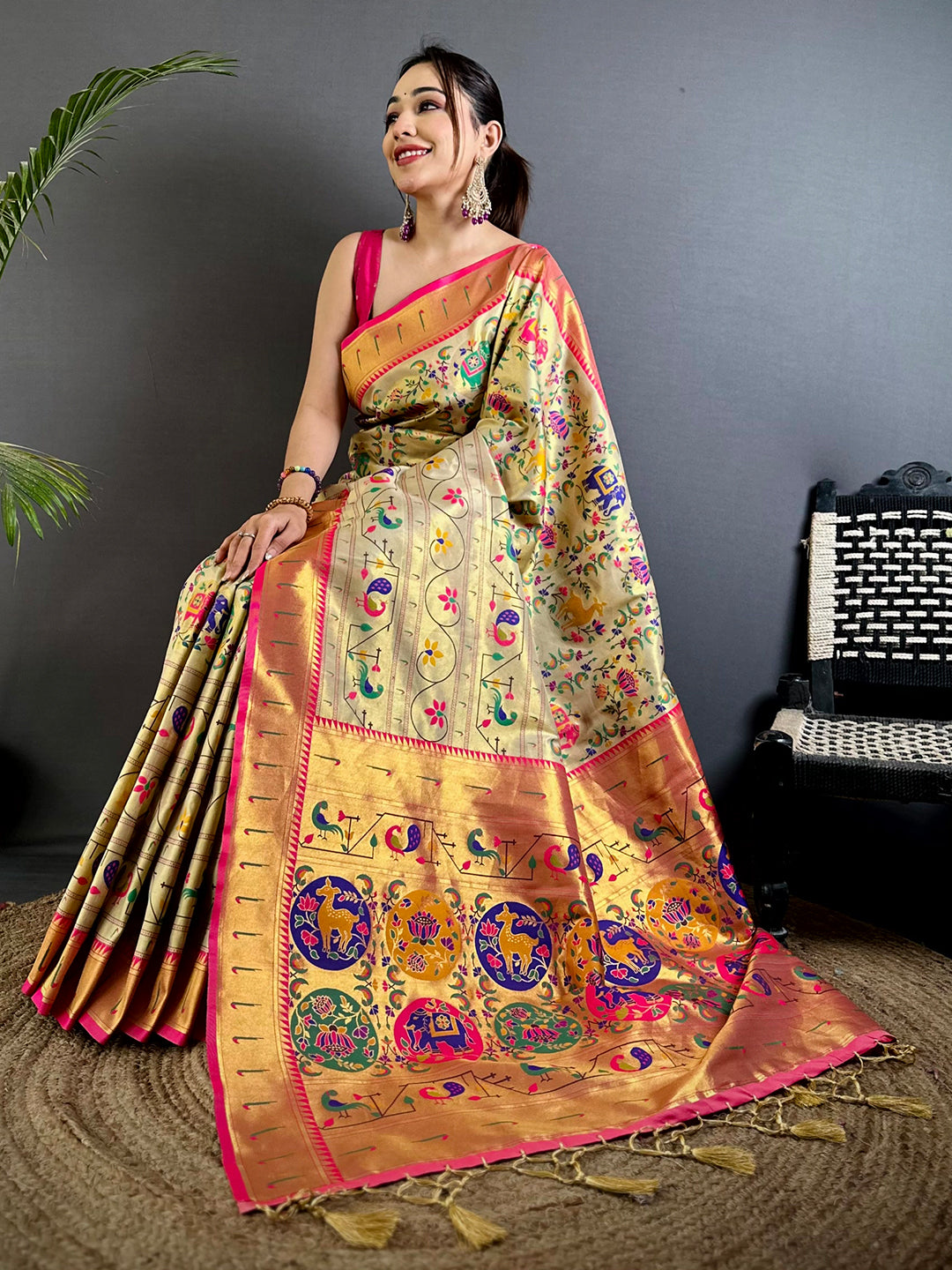 Cream Patola Motif Soft Silk Saree