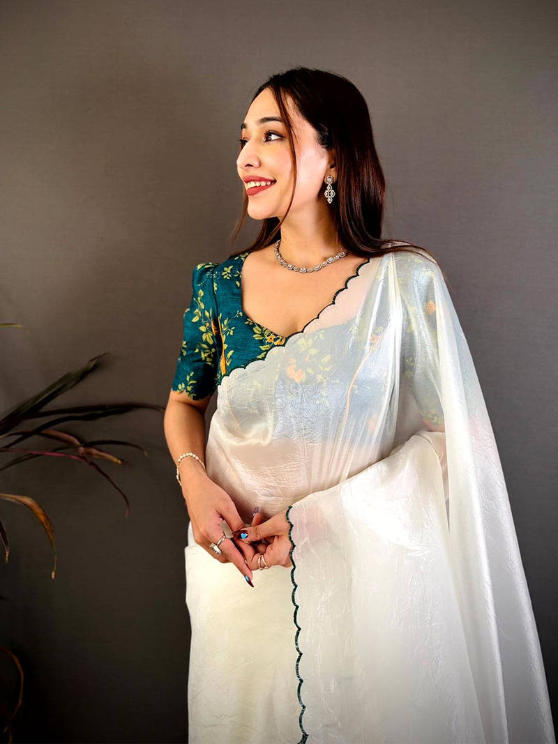 White Bariq Cutwork Crash Silk Saree