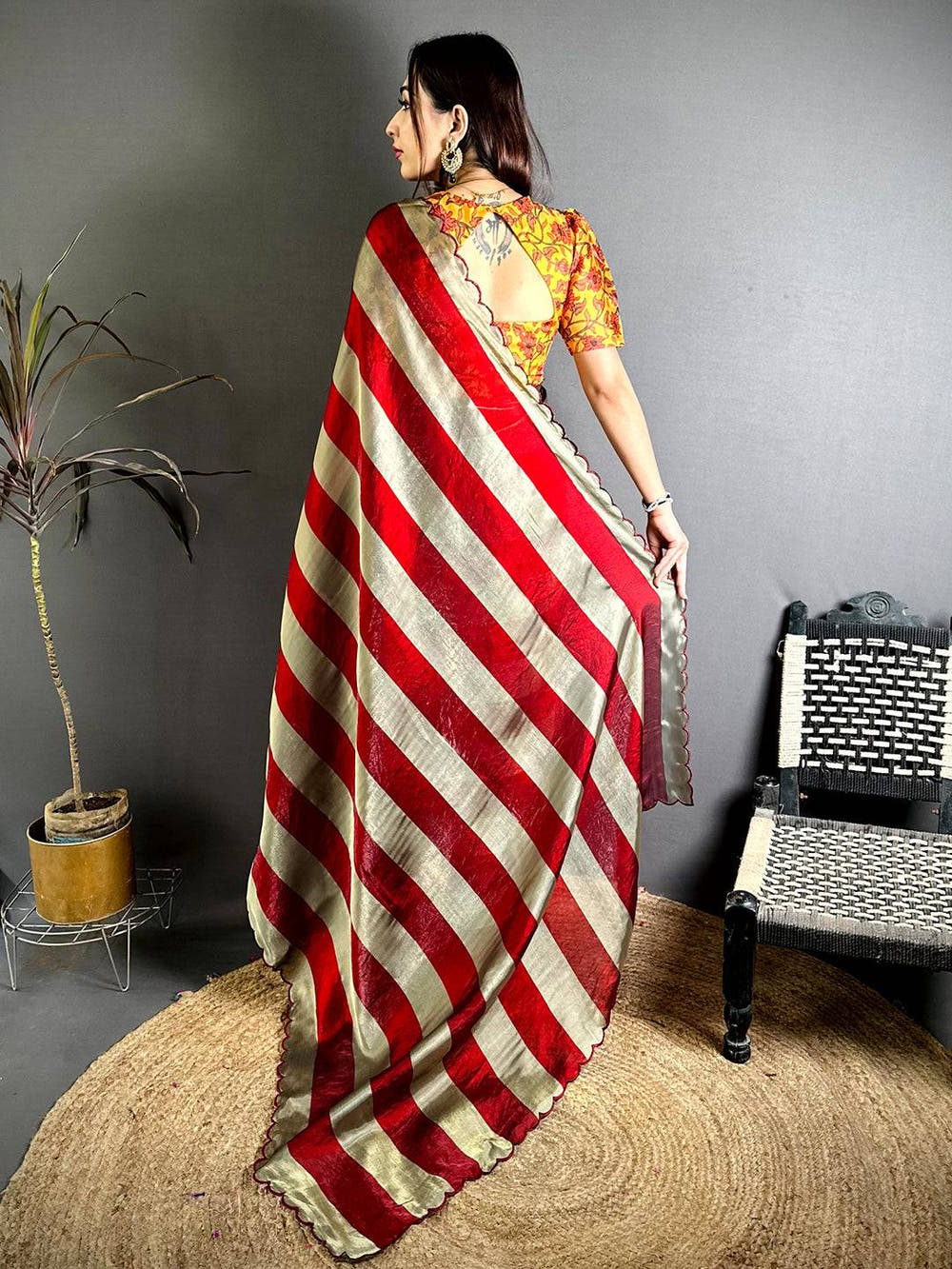 Classic Shiny Silk Striped Print Saree