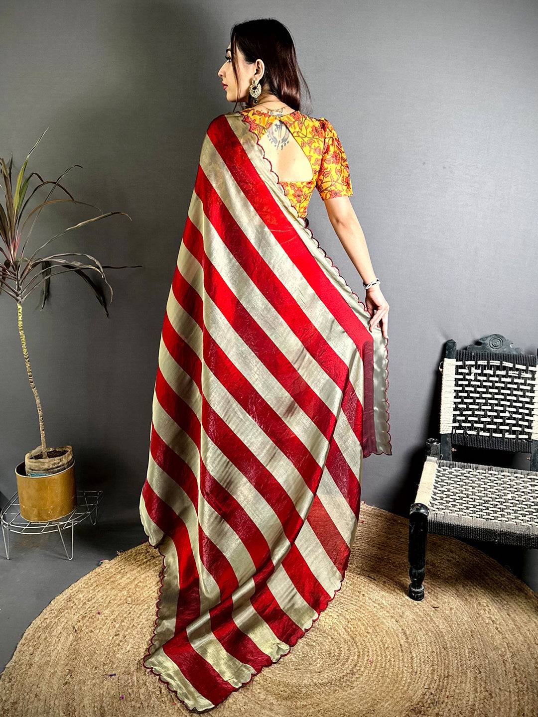 Classic Shiny Silk Striped Print Saree