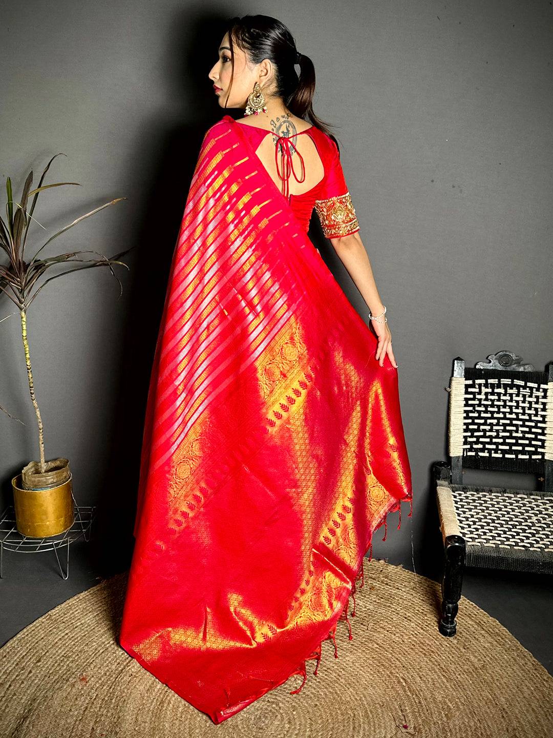 Pink Soft Silk Striped Weave Saree