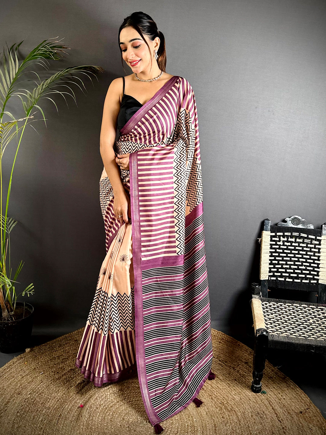Elegant Tussar Ghicha Geometric Fusion Saree