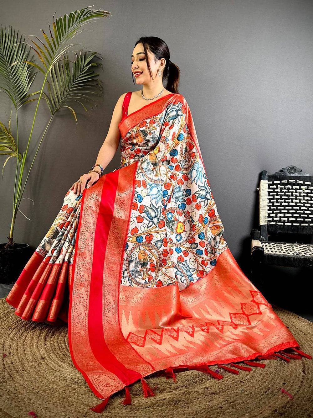 Cream Fish Kalamkari Gadwal Saree

