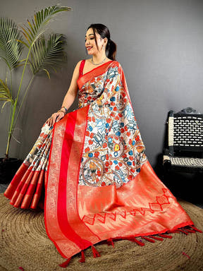 Cream Fish Kalamkari Gadwal Saree

