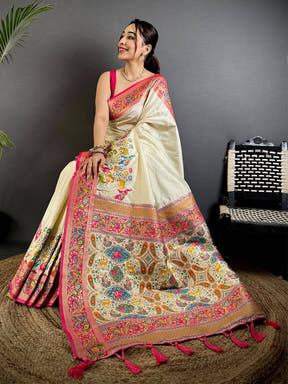 Cream Soft Semi Silk Minakari Weave Saree