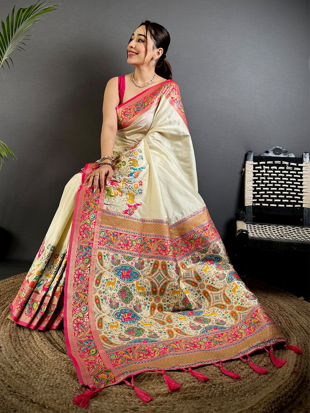 Cream Soft Semi Silk Minakari Weave Saree