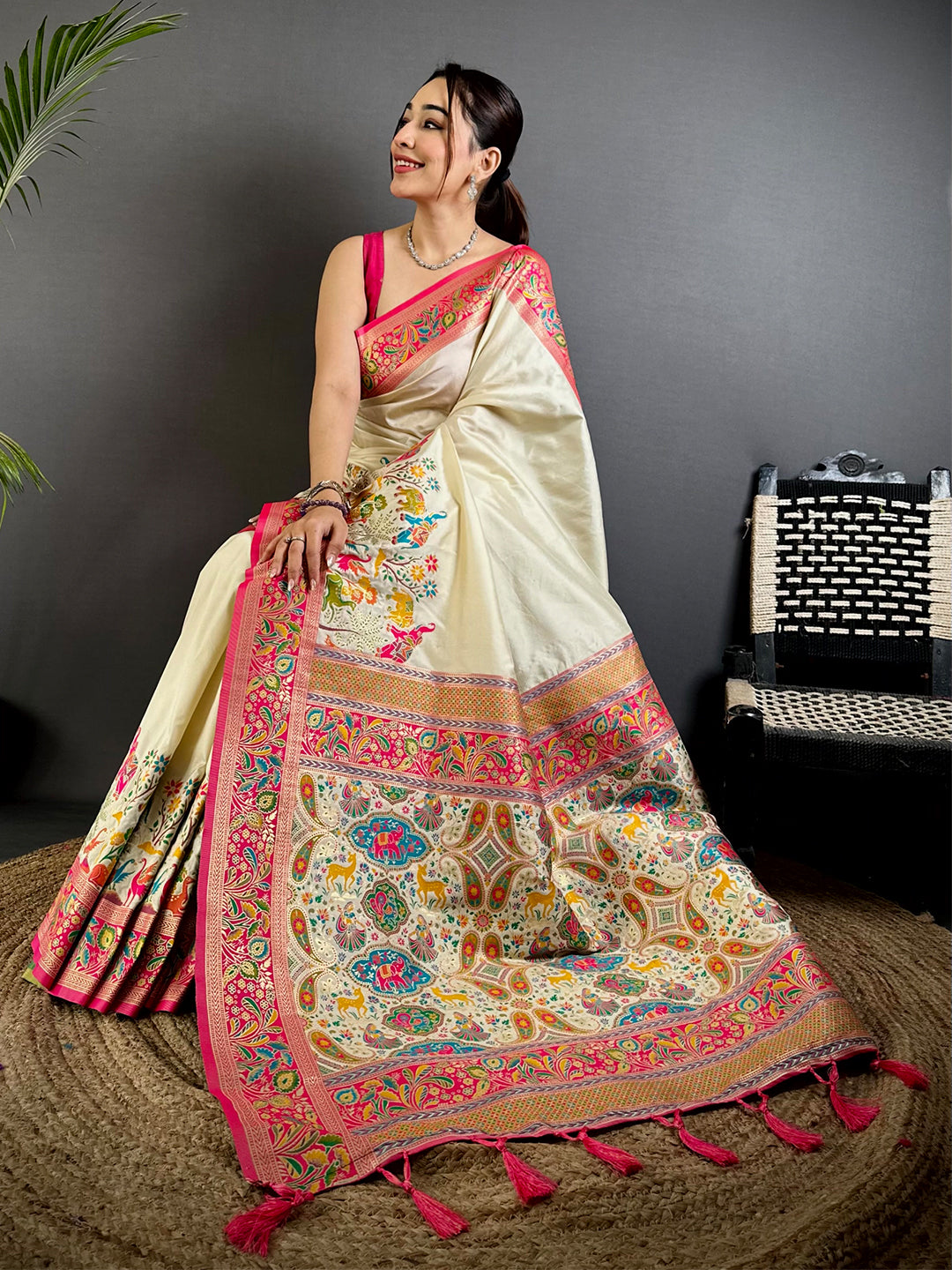 Cream Soft Semi Silk Minakari Weave Saree
