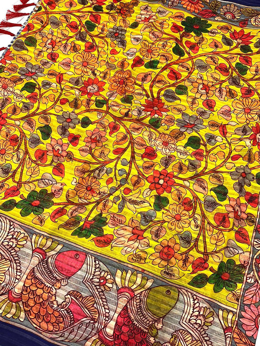 Vibrant floral pattern on Sunshine Yellow Kalamkari Saree