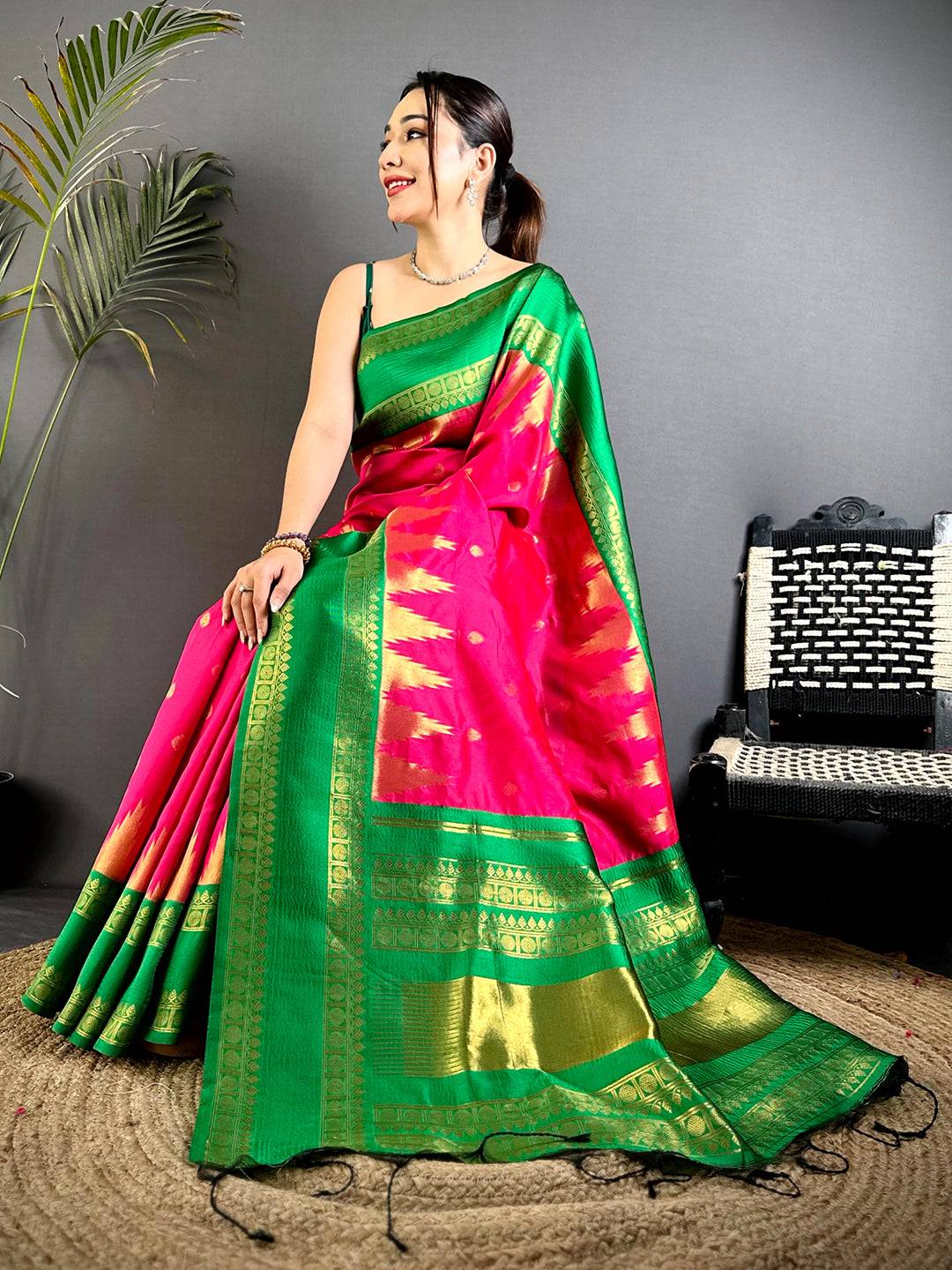 Pink Rudraksha Temple Weave Katan Silk Saree