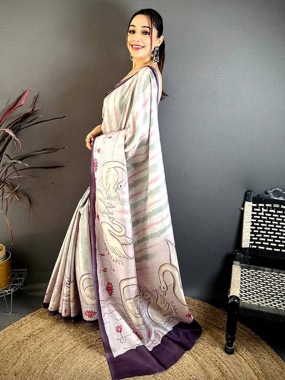 Stylish Soft Tussar Swan Print Saree