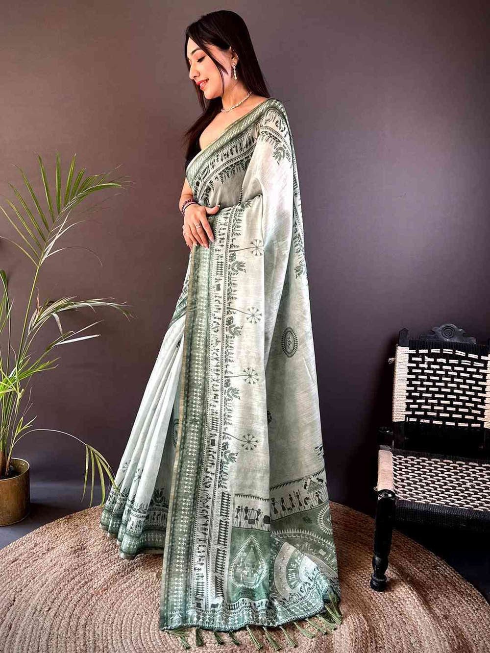 Sage Green Warli Art Tissue Chanderi Saree
