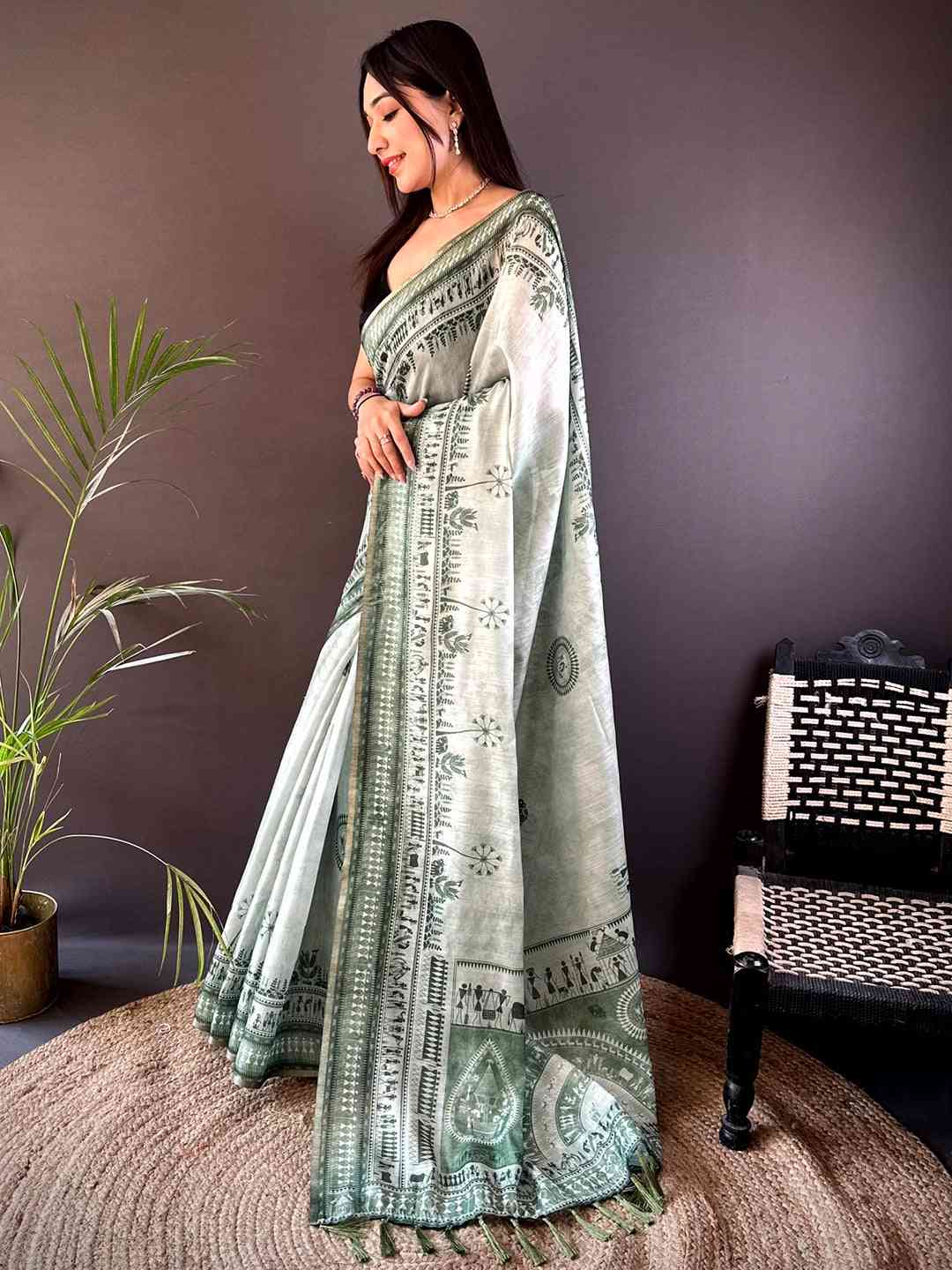 Sage Green Warli Art Tissue Chanderi Saree