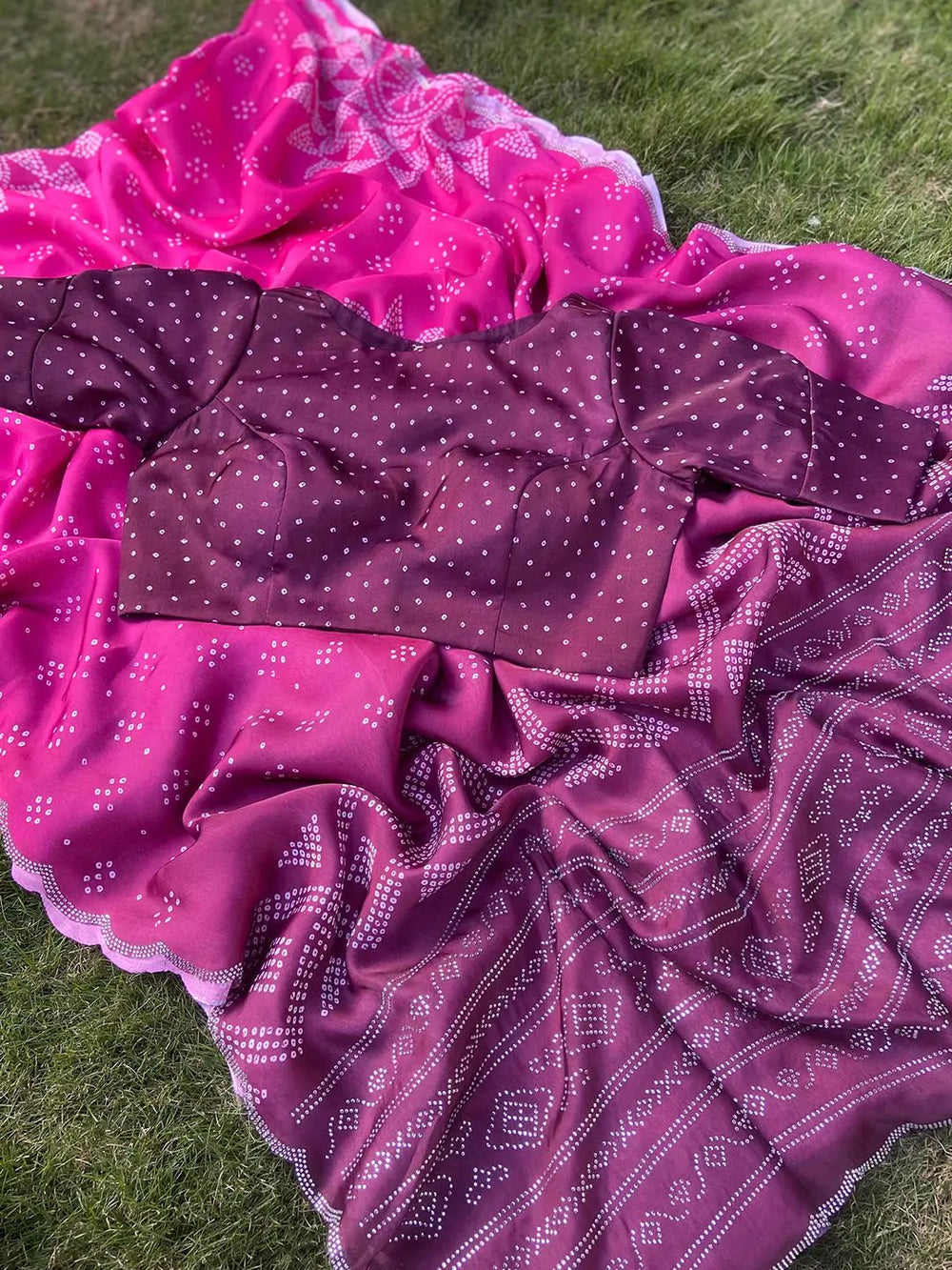 Georgette Silk Saree with Ombre Bandhej Print & Stone Work