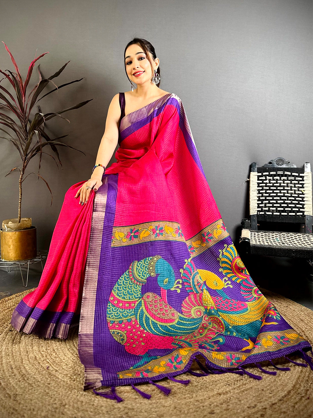 Rani Pink Tussar Zari Chex Kalamkari Saree