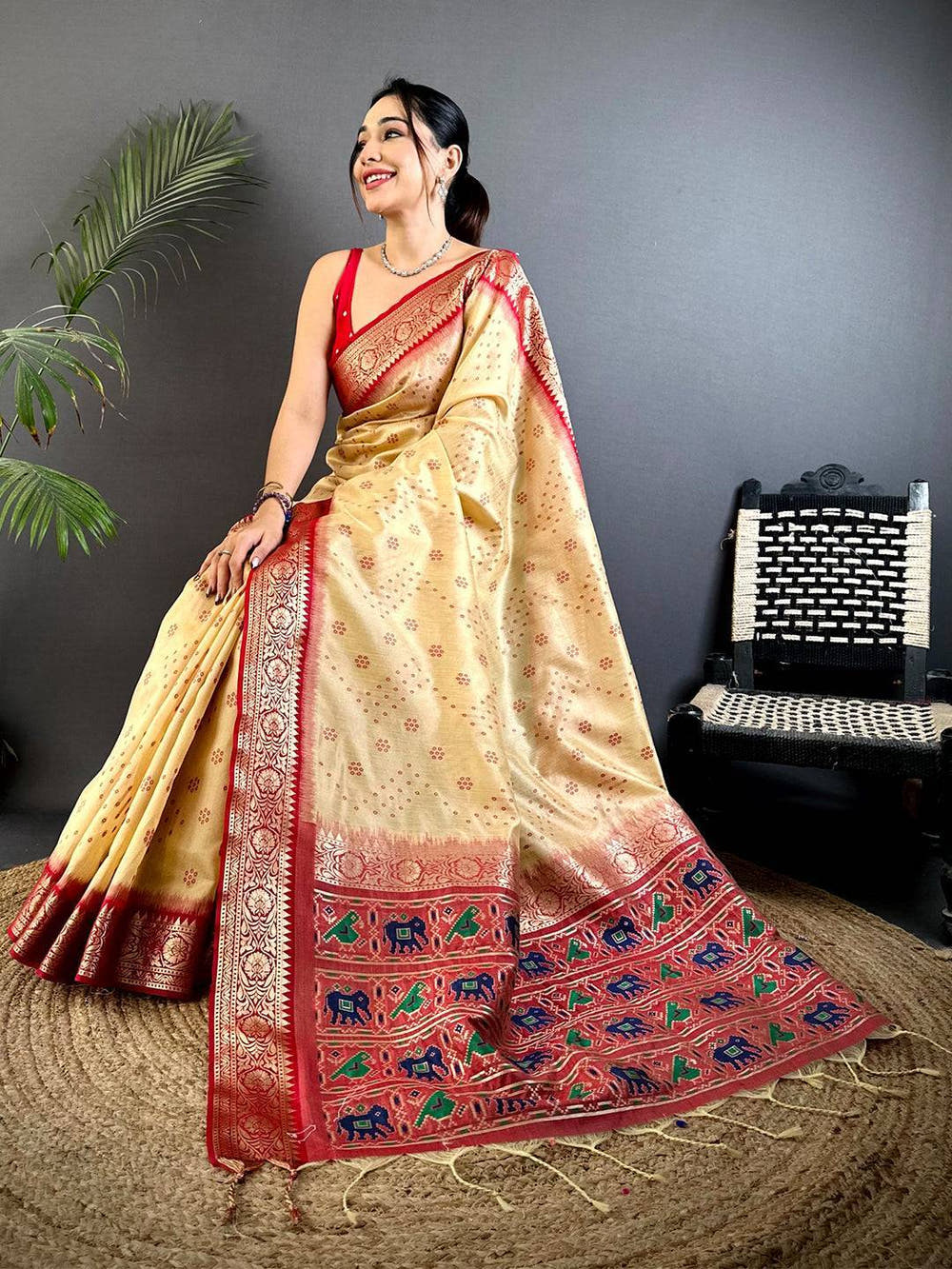 Cream Bandhej Pochampally Raw Silk Saree

