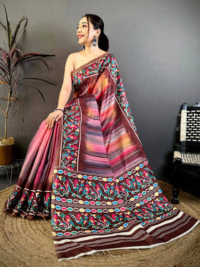 Stylish Parrot Ikkat Print Tussar Saree