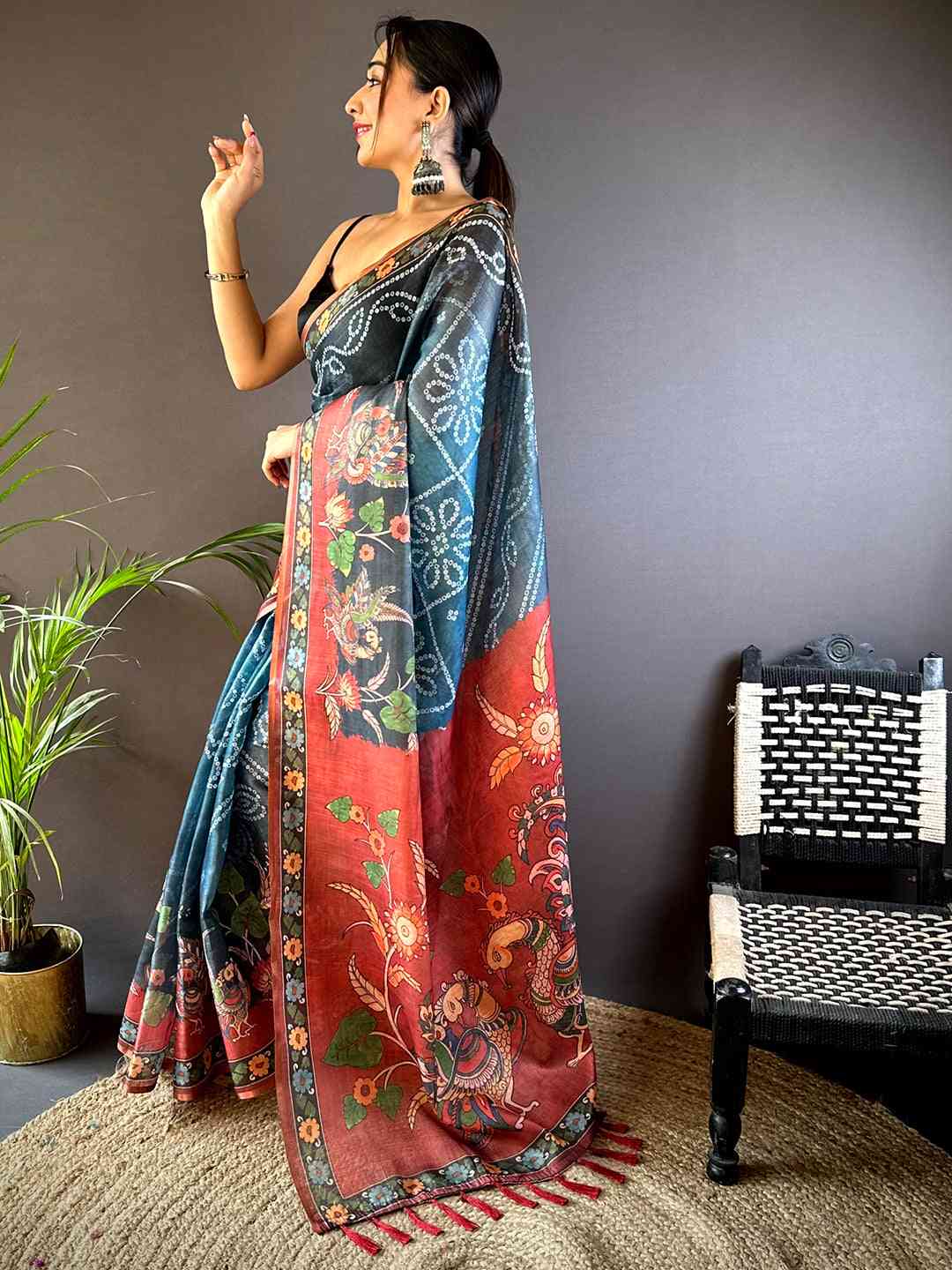 Blue Tissue Bandhej Kalamkari Saree