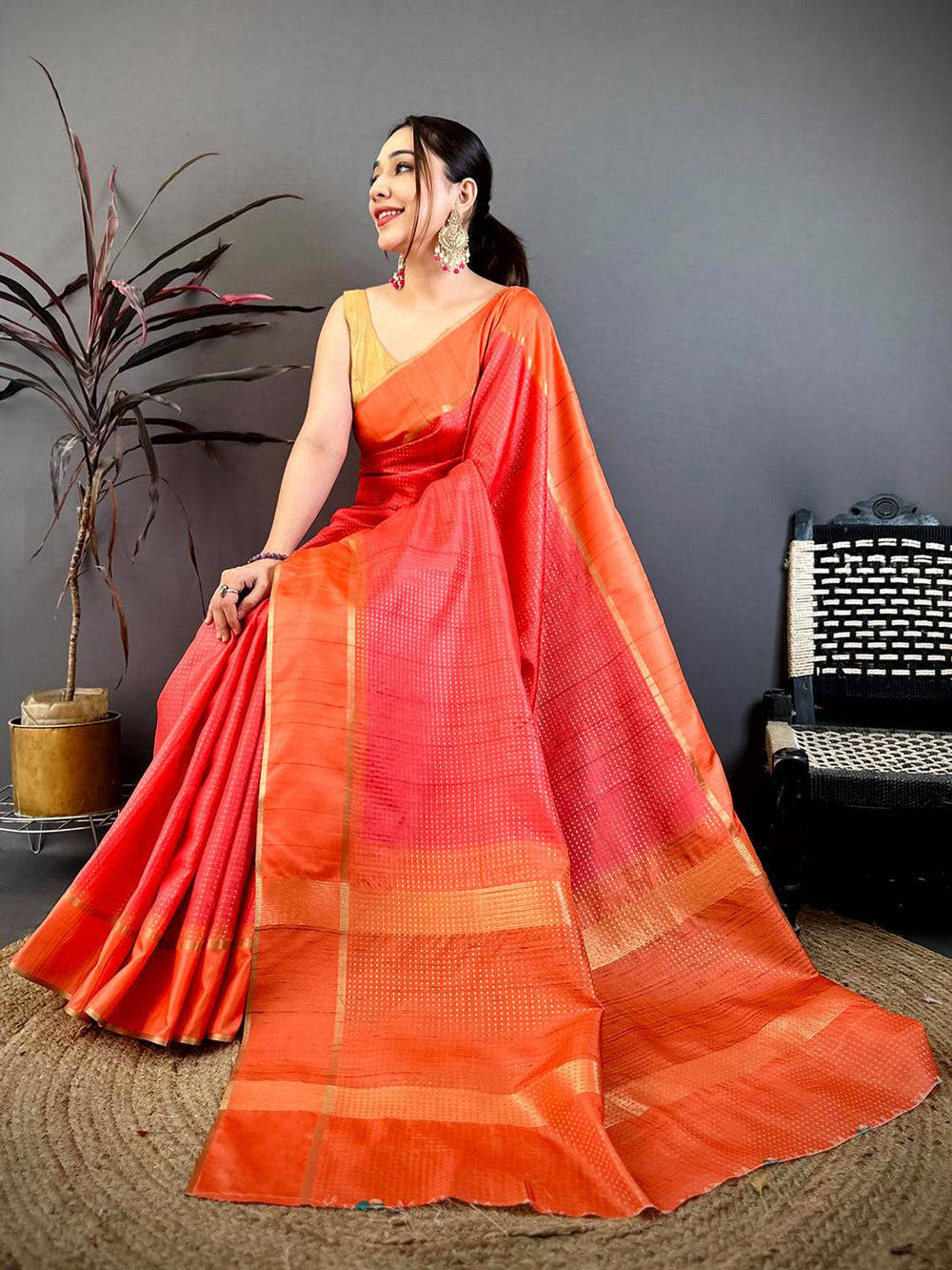 Deep Orange Tussar Gold Zari 1000 Butti Saree
