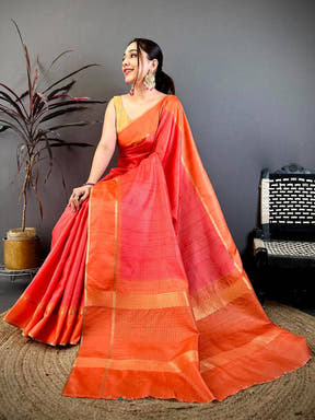 Deep Orange Tussar Gold Zari 1000 Butti Saree