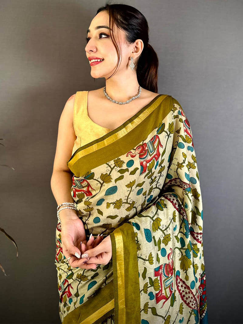 Royal Mul Cotton Elephant Kalamkari Print Saree