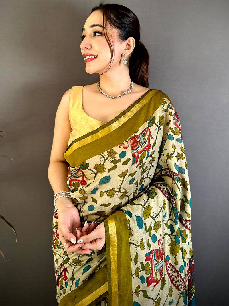 Royal Mul Cotton Elephant Kalamkari Print Saree
