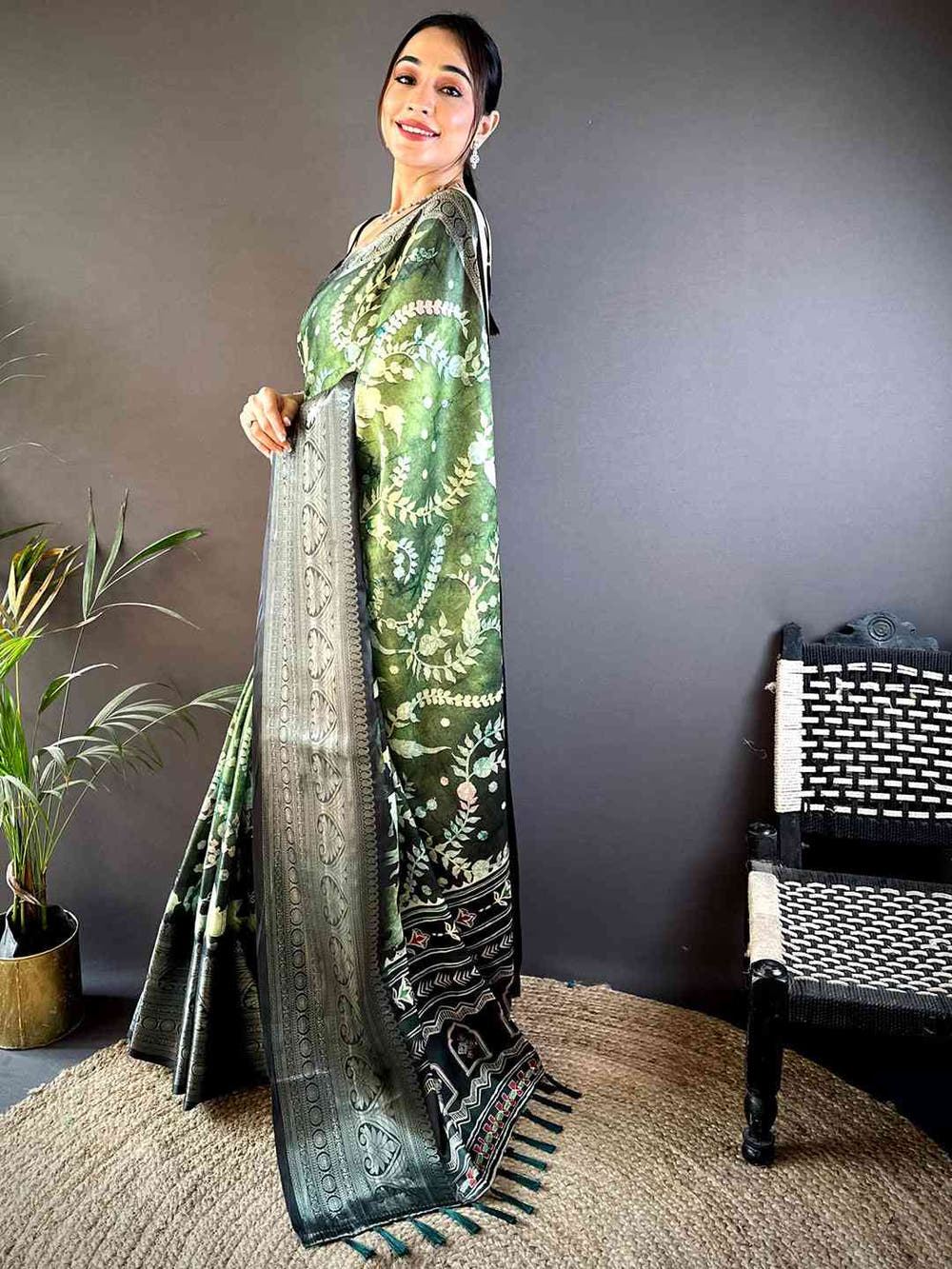 Green Floral Animal Batik Soft Silk Saree