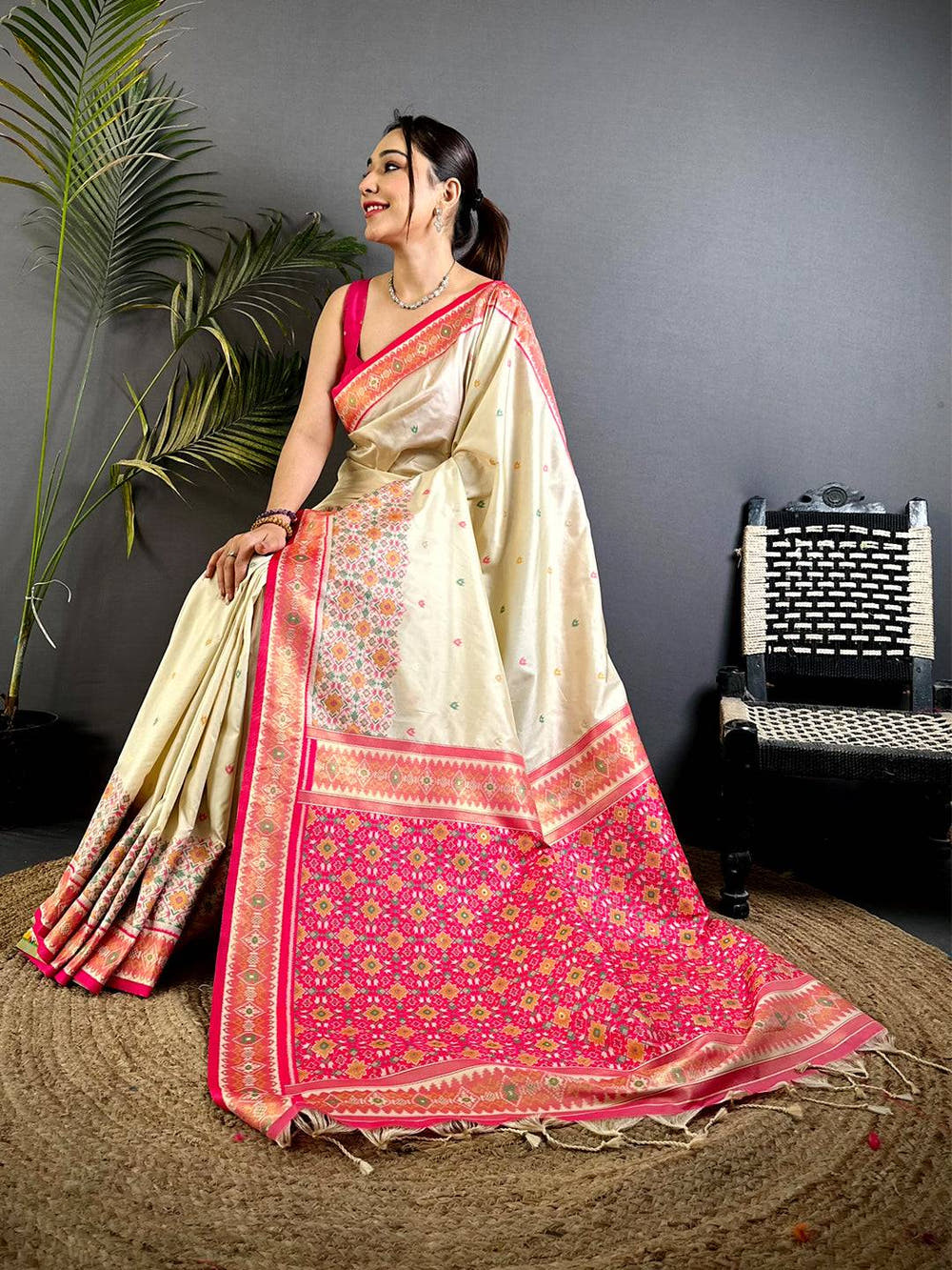 Cream Double Ikat Soft Silk Saree