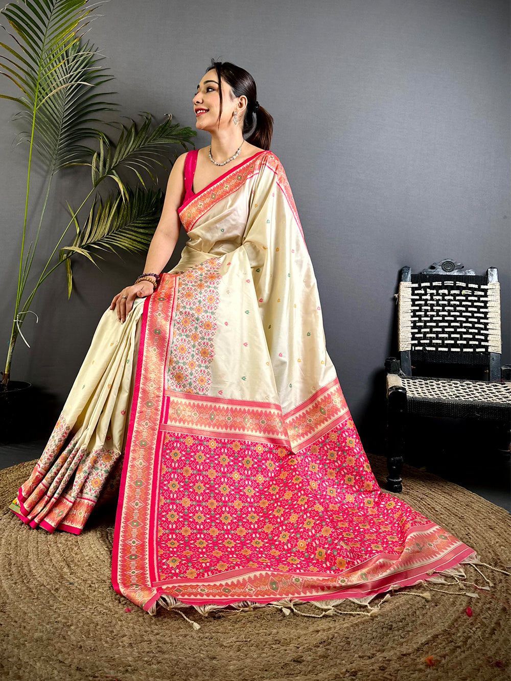 Cream Double Ikat Soft Silk Saree