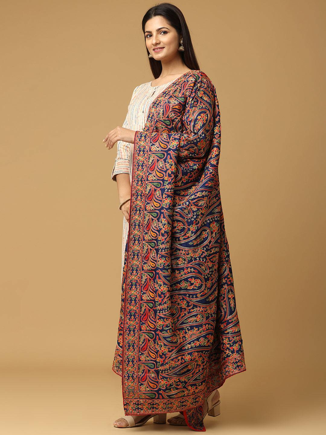 Side view of Navy Poly Chiffon Pashmina Dupatta