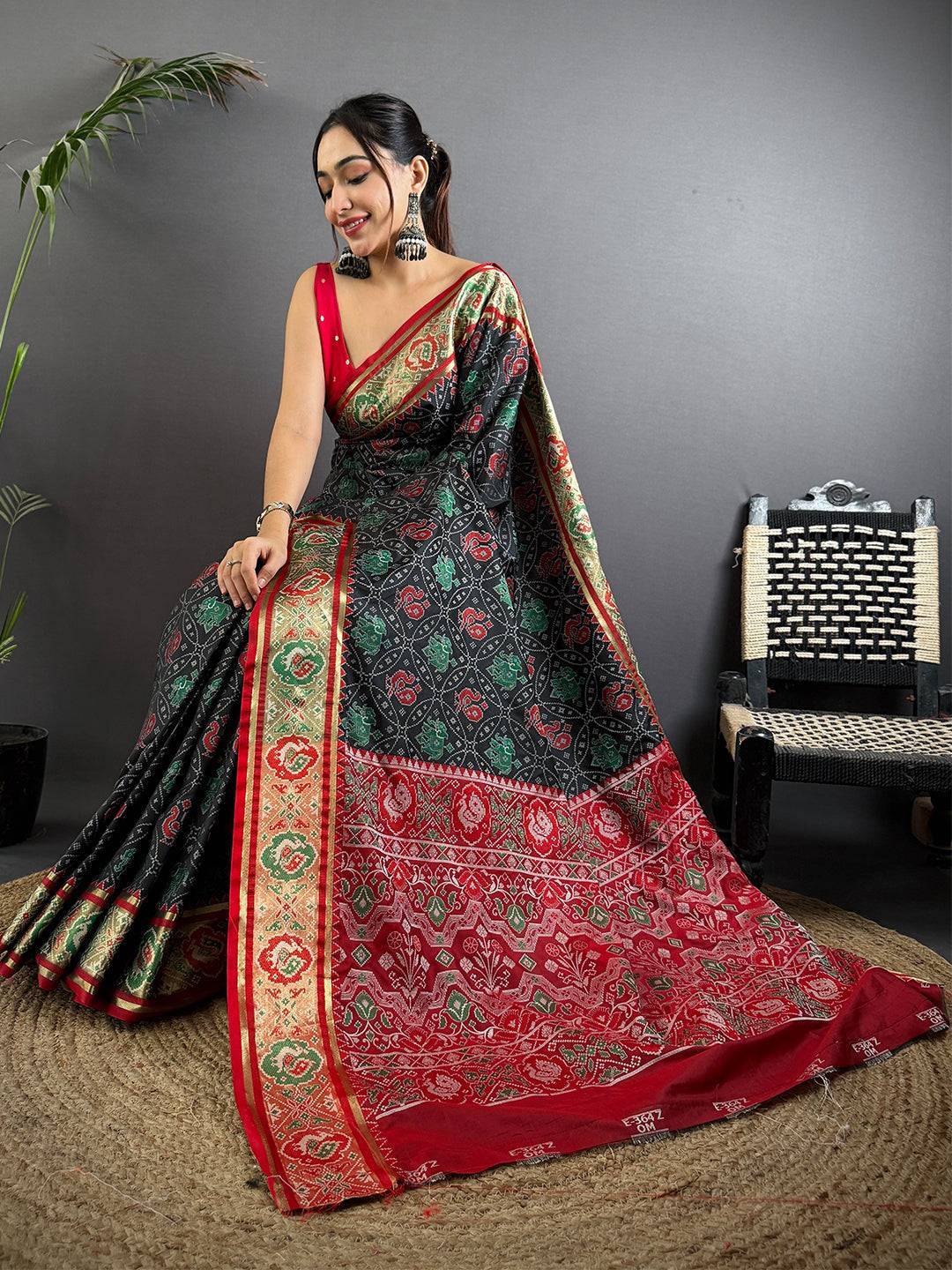 Elegant Black Pochampally Patola Silk Saree

