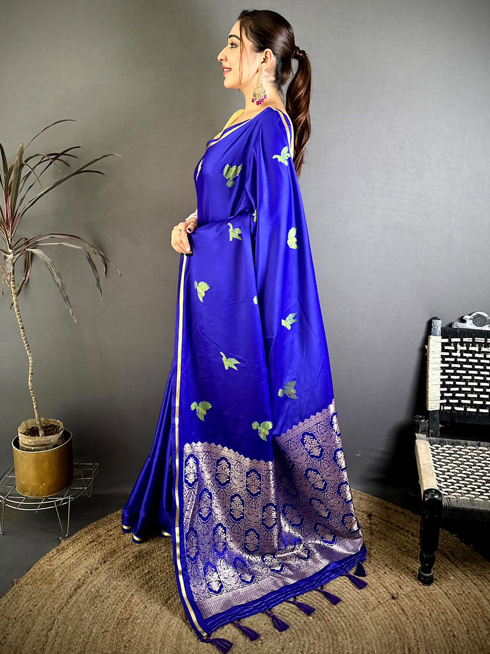 Soft Cherry Satin Minakari Bird Zari Saree