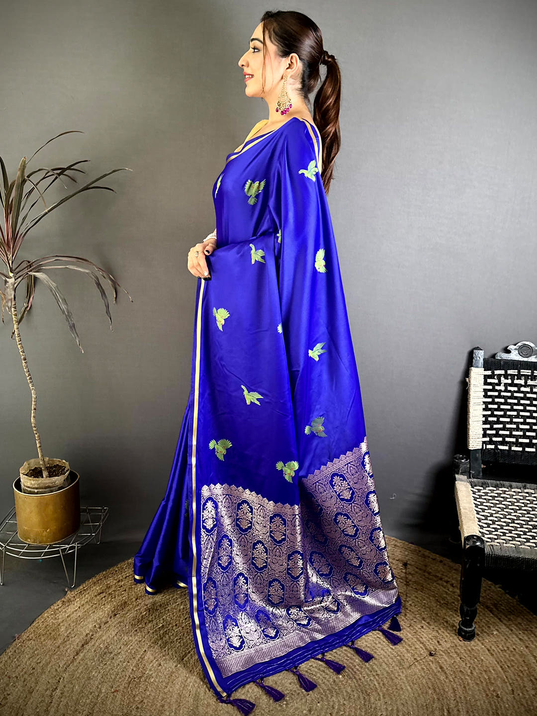 Soft Cherry Satin Minakari Bird Zari Saree