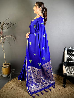 Soft Cherry Satin Minakari Bird Zari Saree
