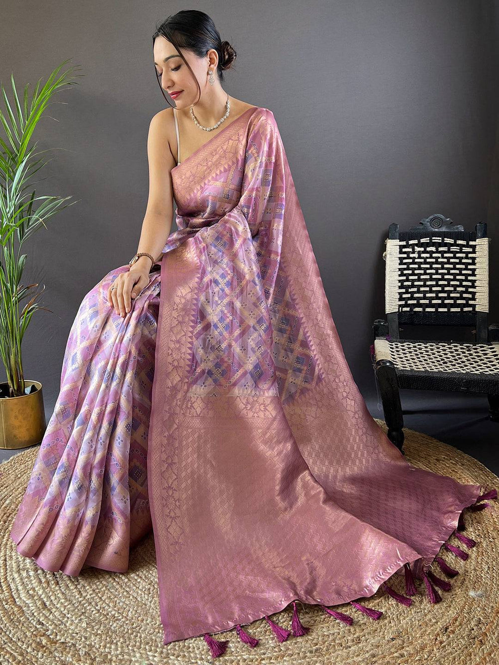 Stylish Iris Lavender Banarasi Saree with Colour Block Print
