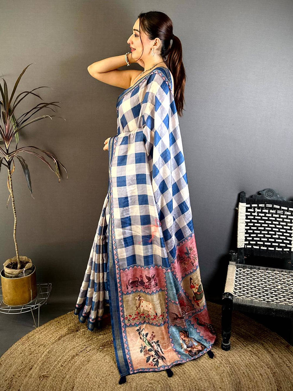 Tussar Check Ghicha Kalamkari Pallu Saree