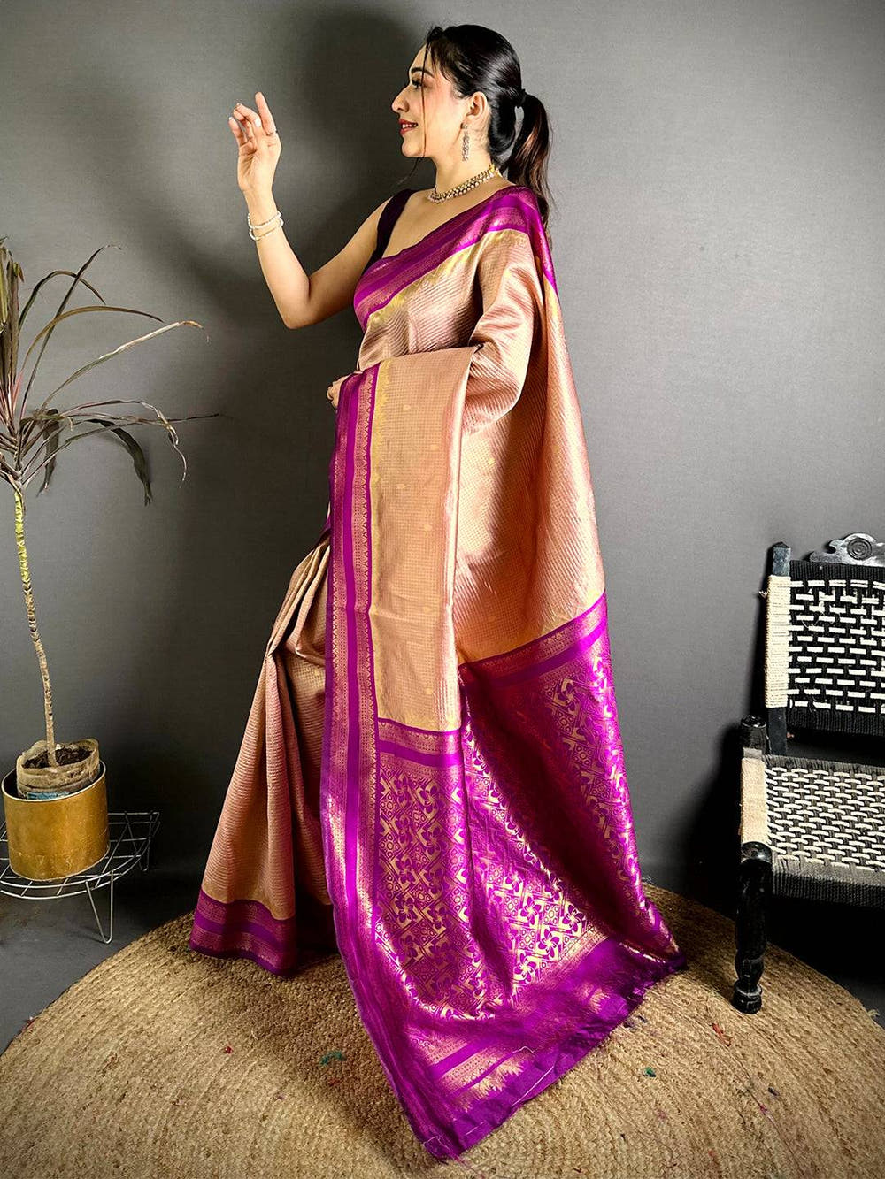 Peach Banarasi Katan Silk Gadwal Zari Saree
