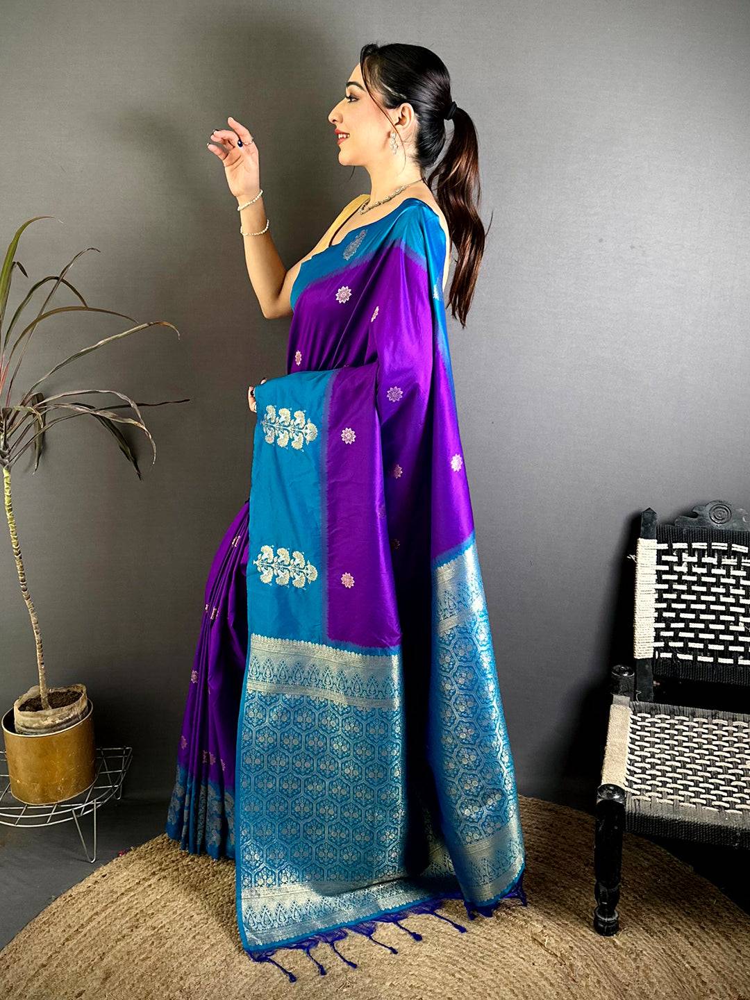Purple Silk Contrast Patta Border Saree