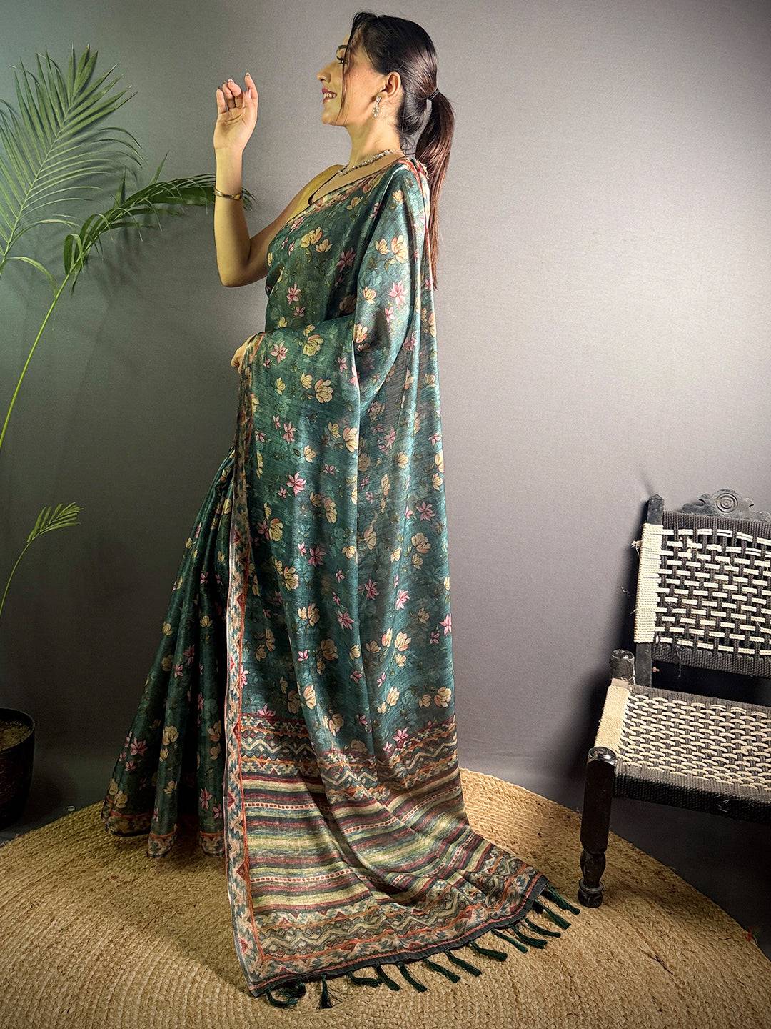 Bottle Green Linen Juth Digital Print Saree