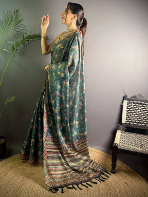 Bottle Green Linen Juth Digital Print Saree