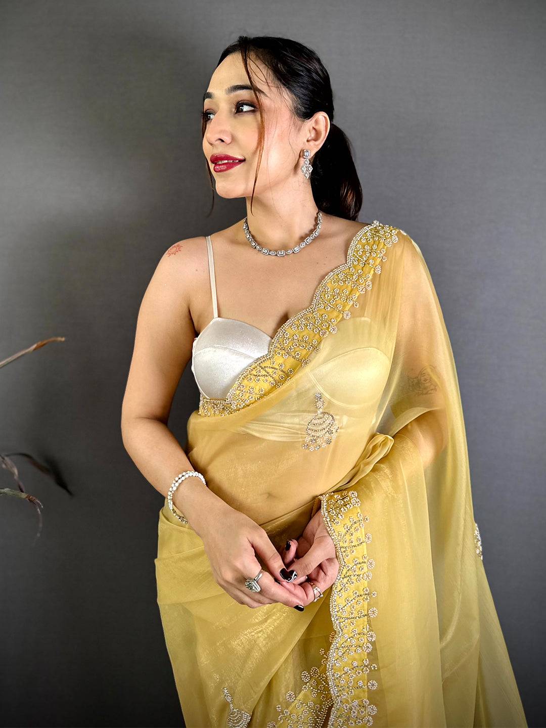 Yellow Pearl Zarkhond Chiffon Tissue Saree