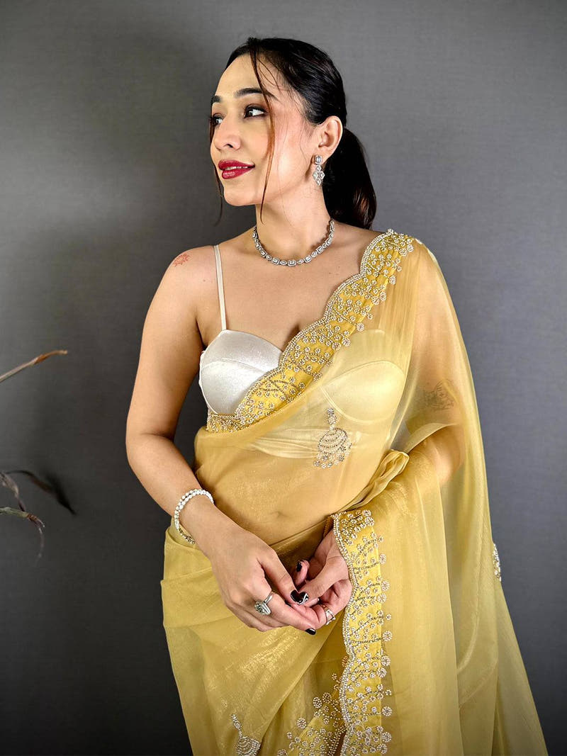 Yellow Pearl Zarkhond Chiffon Tissue Saree