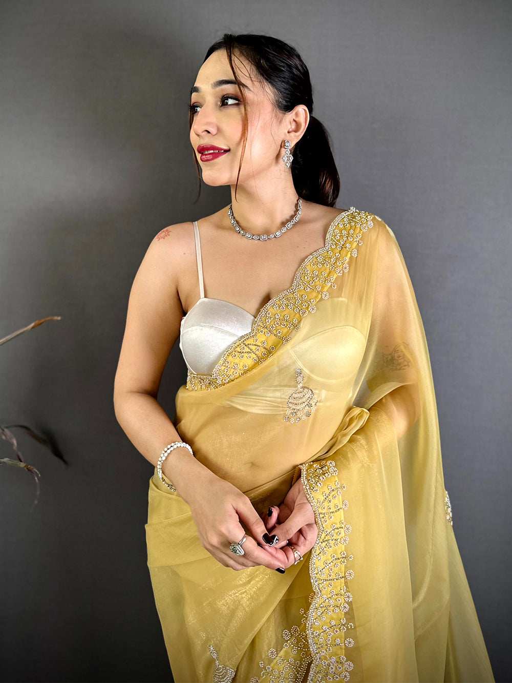 Yellow Pearl Zarkhond Chiffon Tissue Saree