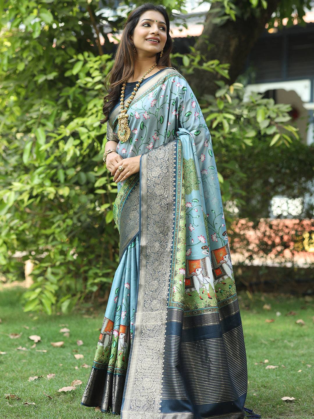 Pichwai Print Zari Weaving Pallu Saree In Sky Blue Colour