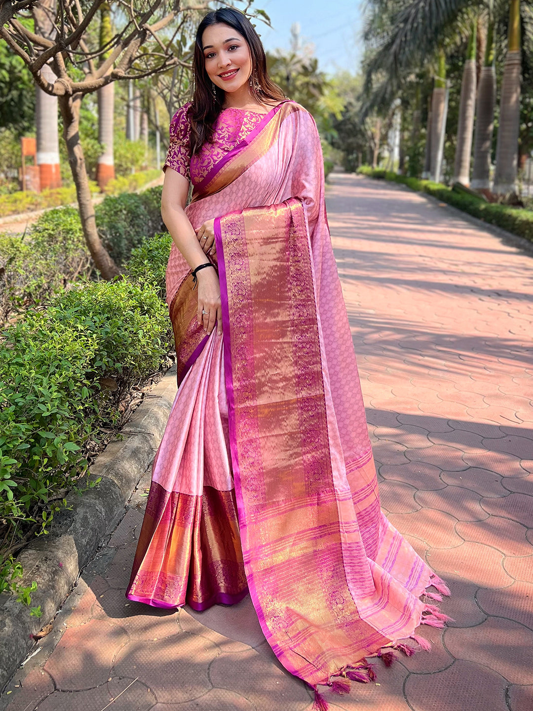 Pink Colour Kanjivaram Aura Soft Silk Saree With Broced Zari Blouse