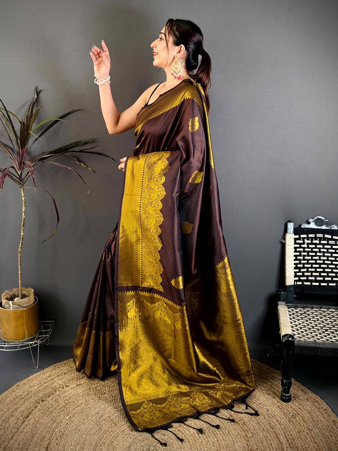 Chocolate Brown Soft Silk Ethnic Motif Saree