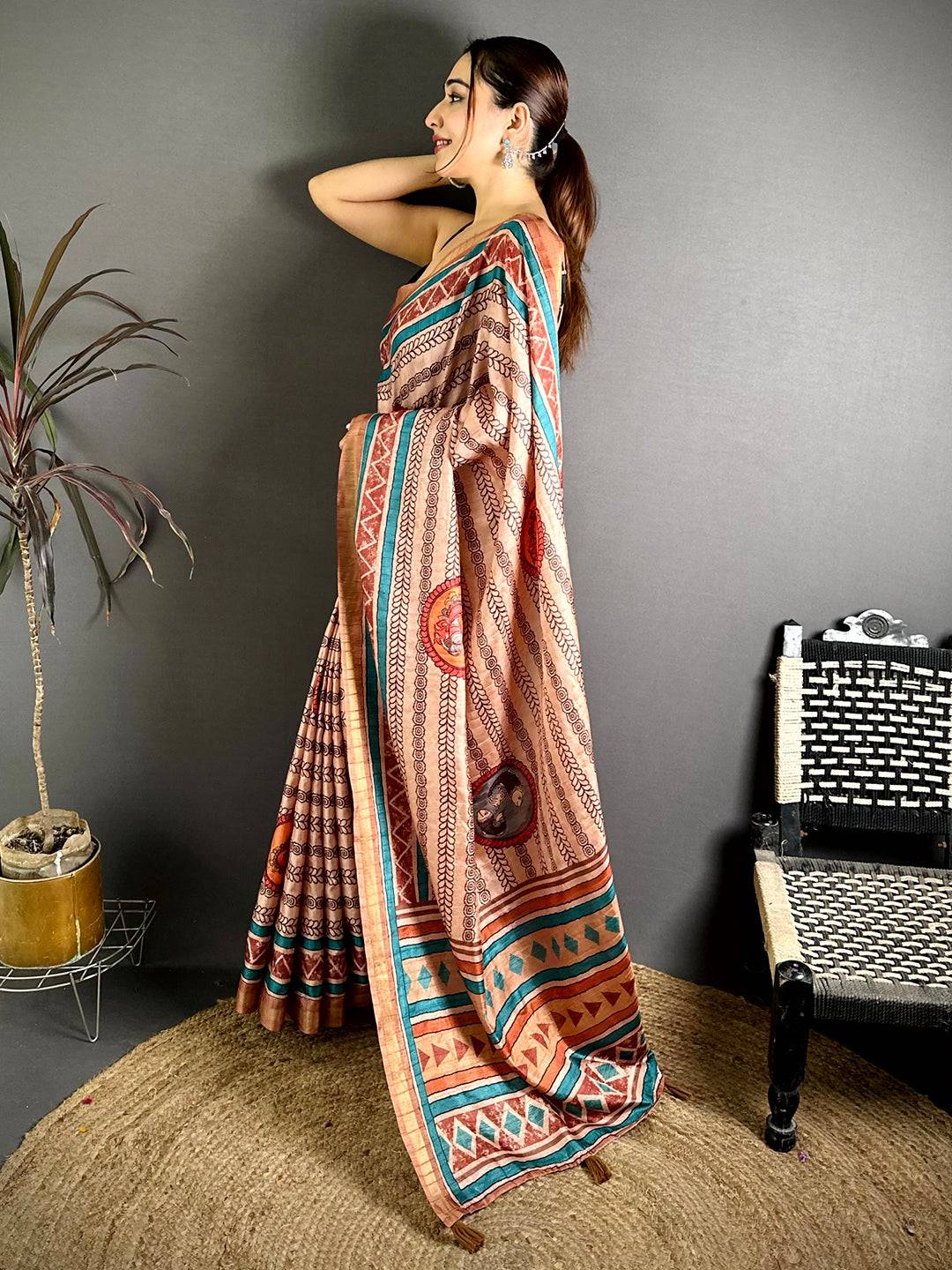 Celebrity Ghicha Tussar Pen Kalamkari Saree