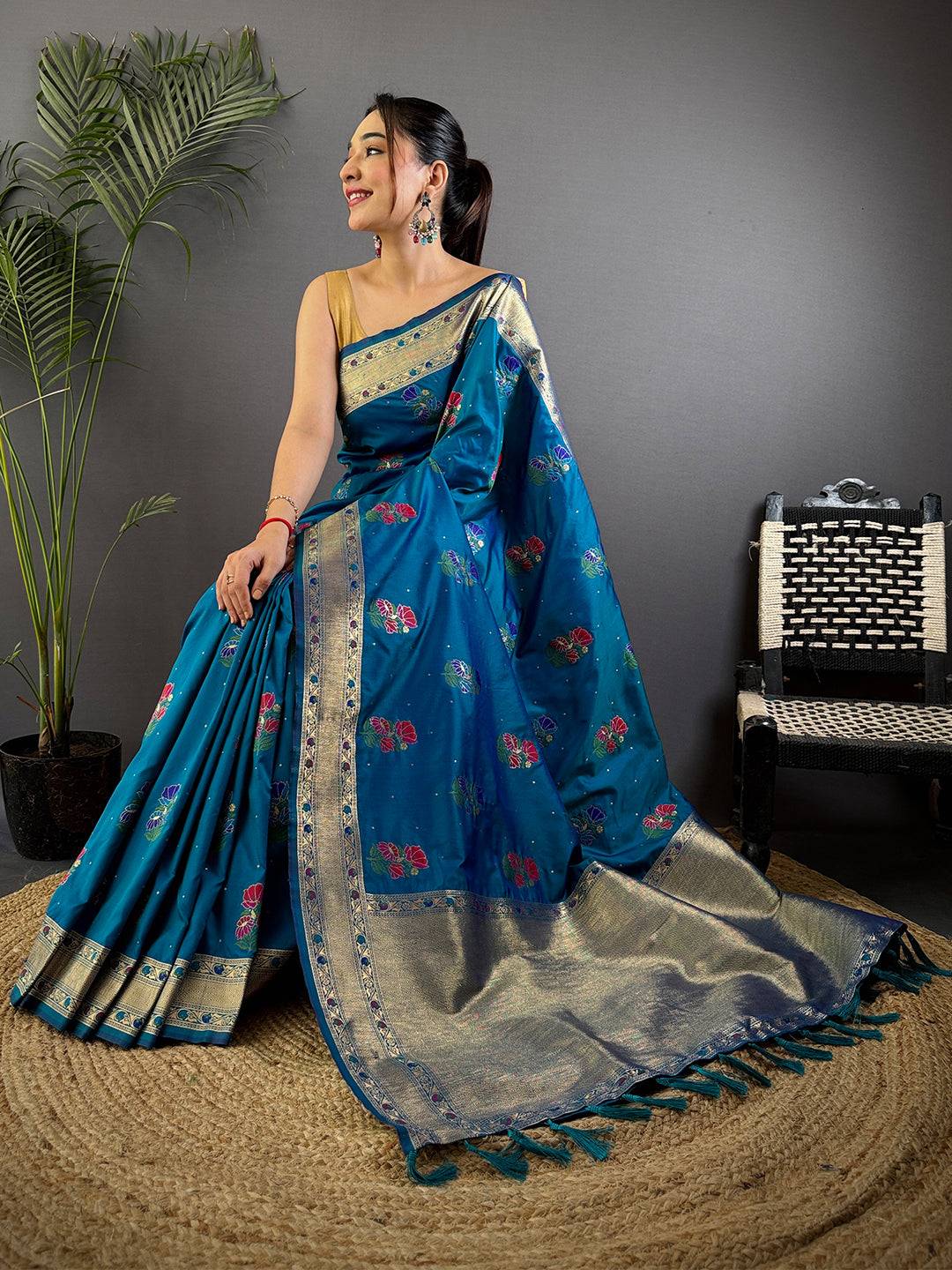 Sky Soft Silk Flowerport Minakari Saree

