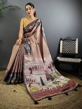 Coffee Brown Geometric Ghicha Silk Saree