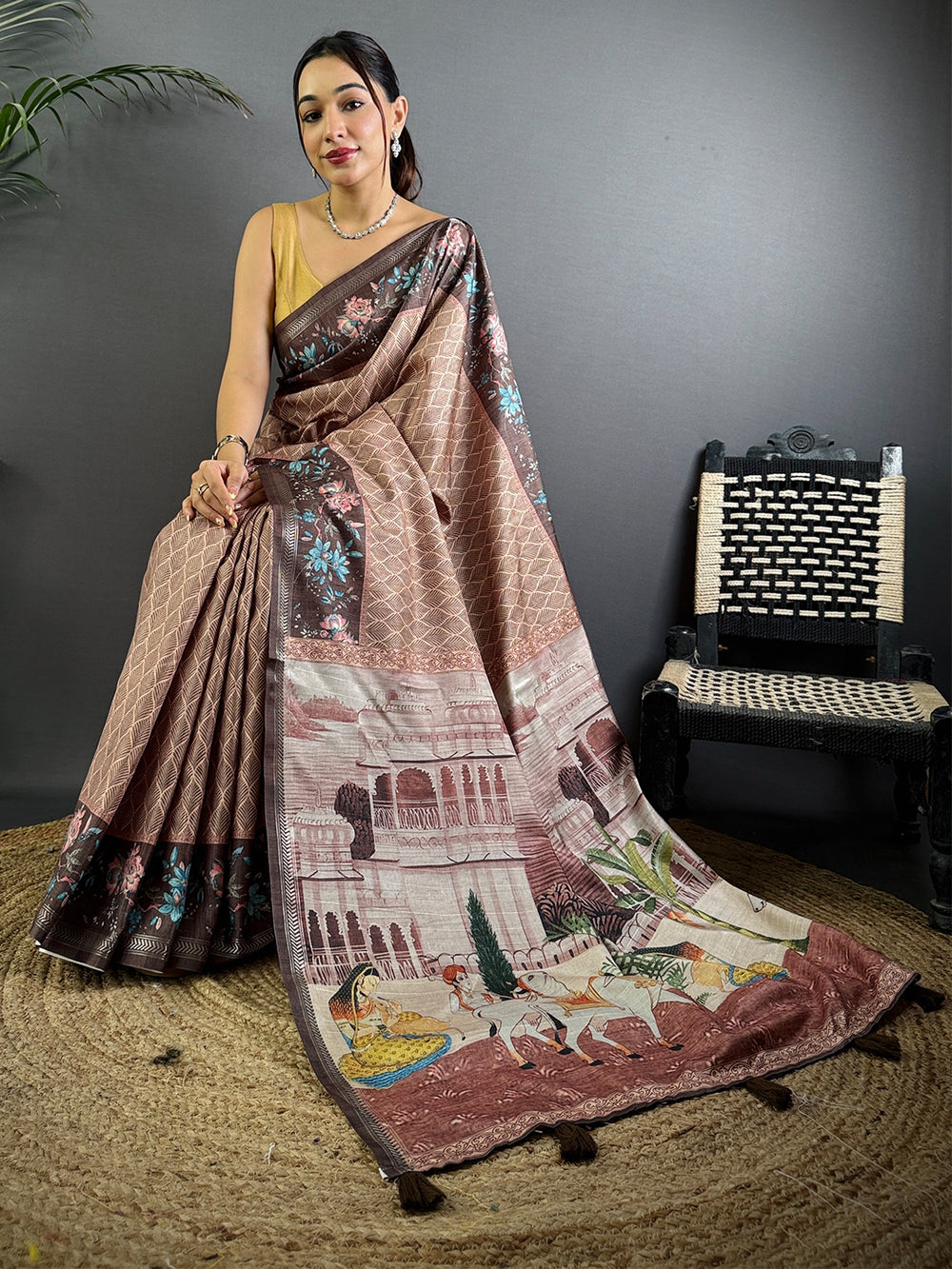 Coffee Brown Geometric Ghicha Silk Saree