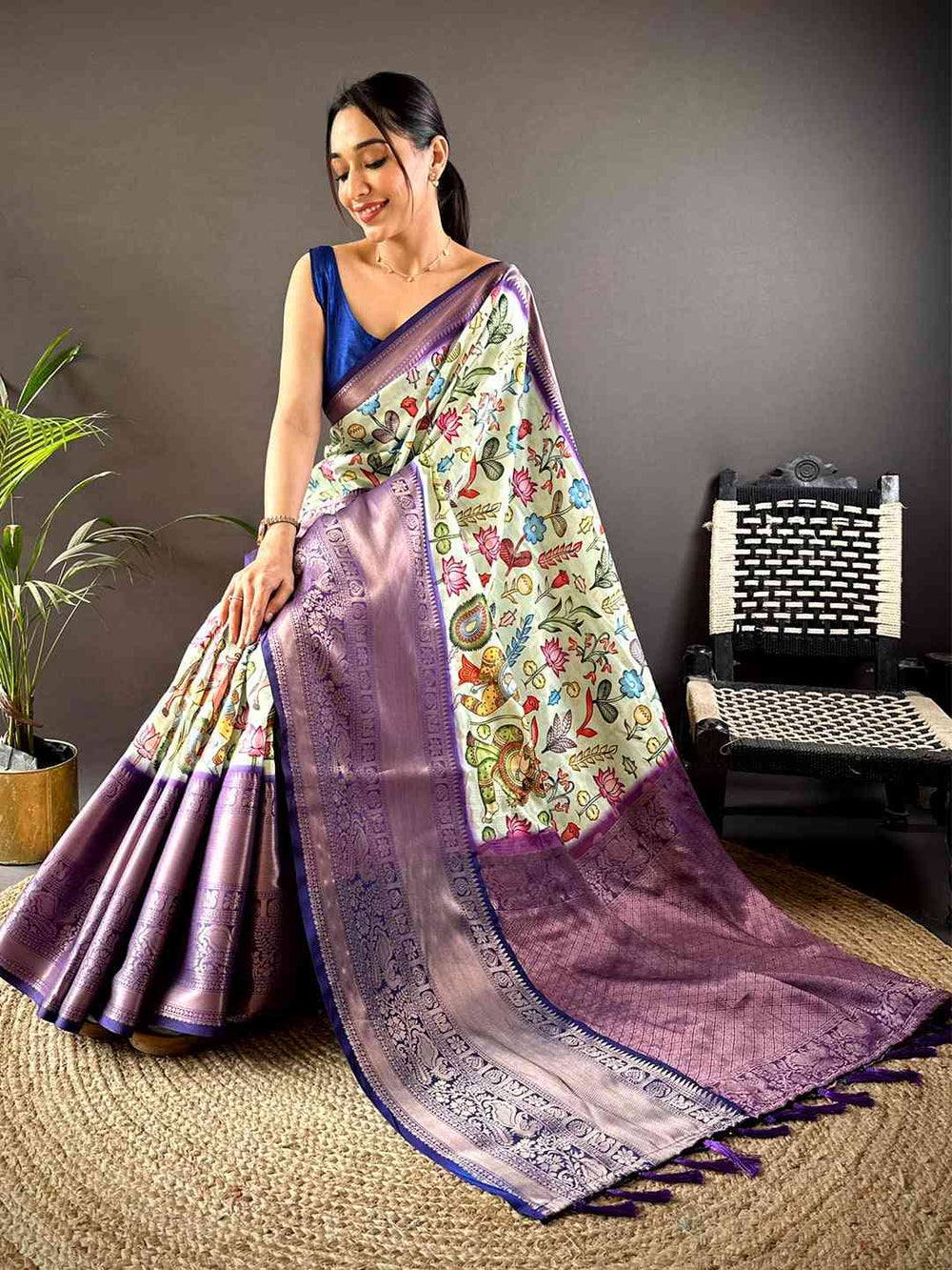 Pista Soft Banarasi Silk Floral Kalamkari Saree